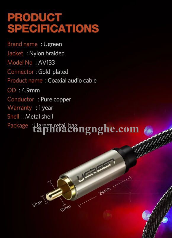 Ugreen 20742 10M màu Xám Cáp âm thanh bông sen Coaxial cao cấp AV133 30020742